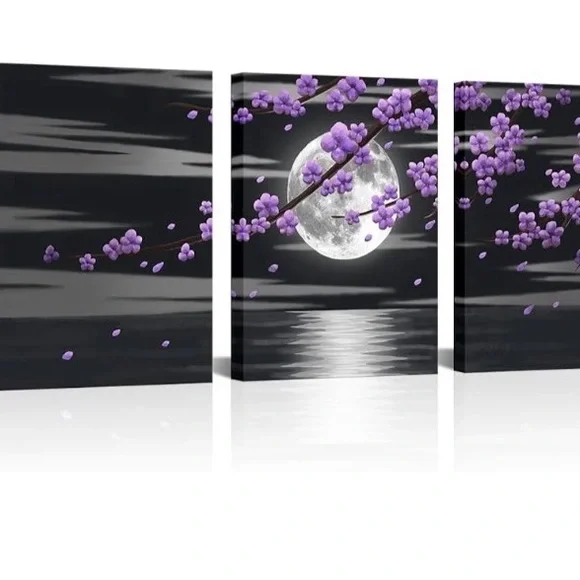 Homeo 3 piece canvas full moon with purple flowered tree 12”x 16” each - Picture 5 of 6